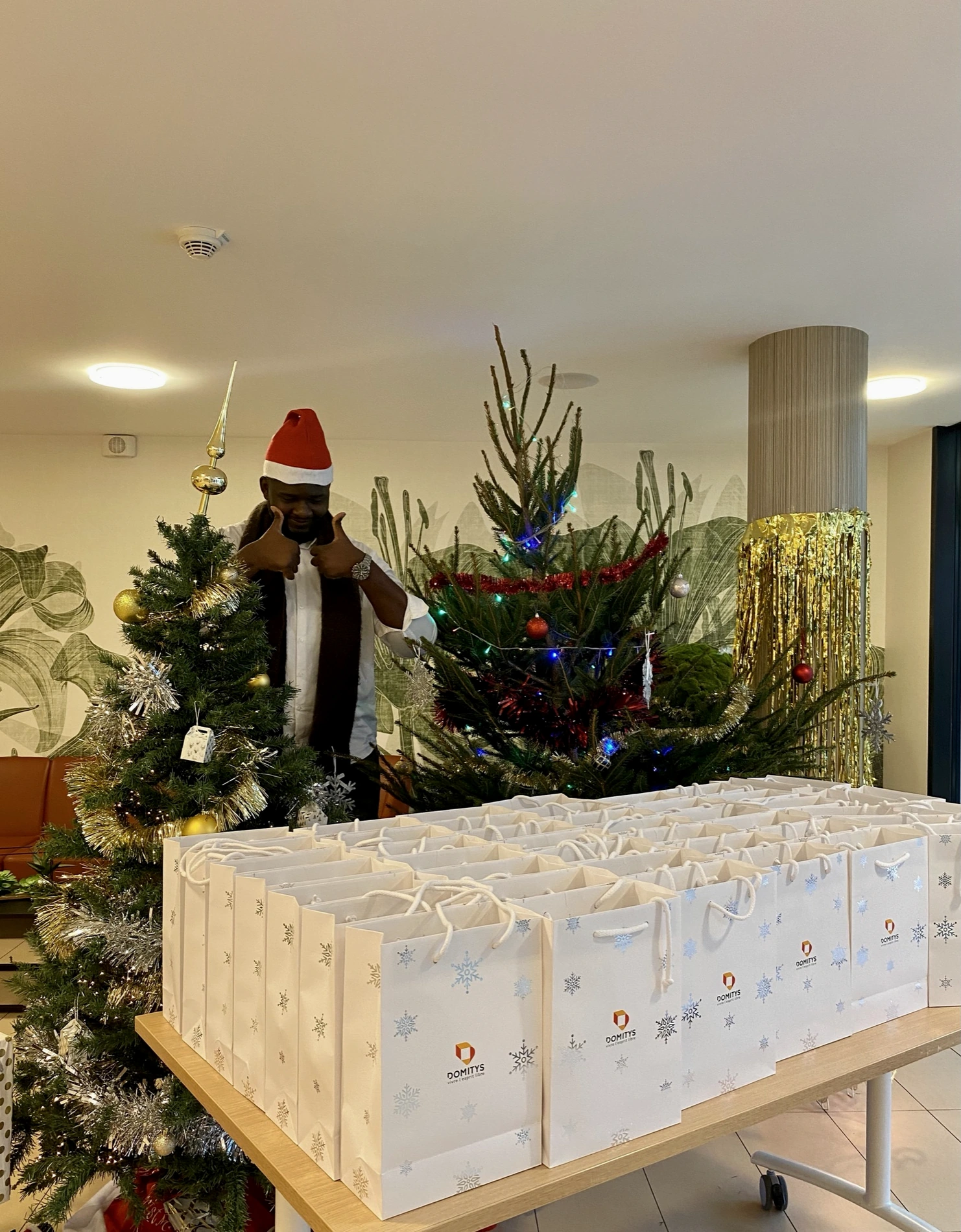 Sacs cadeaux Domitys préparés devant les sapins de Noël pour la distribution aux personnes âgées