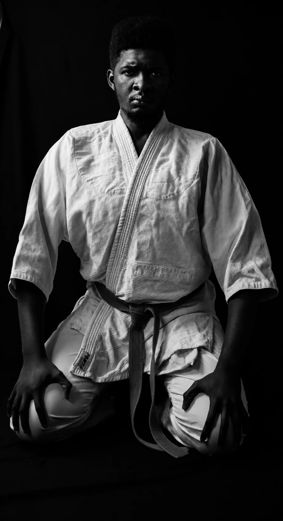 Portrait noir et blanc à genoux en judogi, illustrant la discipline et la concentration